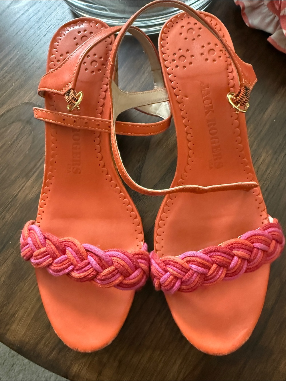 Jack Rogers Shelby Cork Wedges. Orange Braided Pink-Orange Straps.